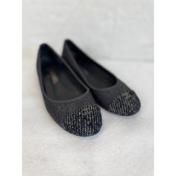 CHANEL Tweed Wool Ballet Flats Gray Size 37.5 Made in Italy - Picture 2 of 11
